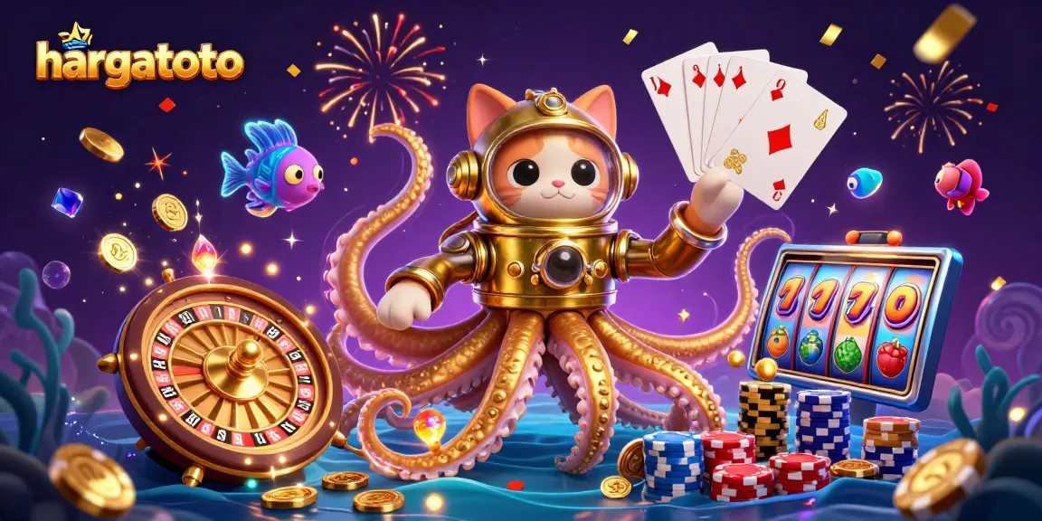Engage with thrilling hargatoto gaming as a kraken and diving cat discover treasures in a vibrant casino scene.
