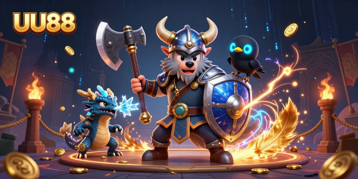 UU88 Viking warrior engages in epic gaming battle surrounded by dynamic casino elements.