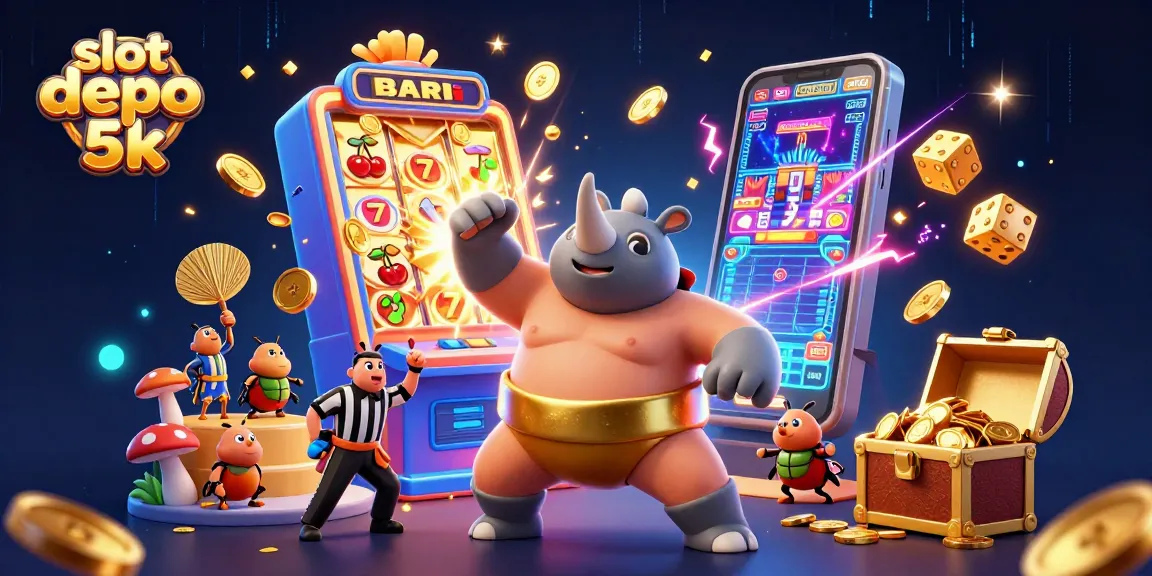 Experience thrilling wins at slot depo 5k with a dynamic 3D casino illustration showcasing action-packed gameplay.