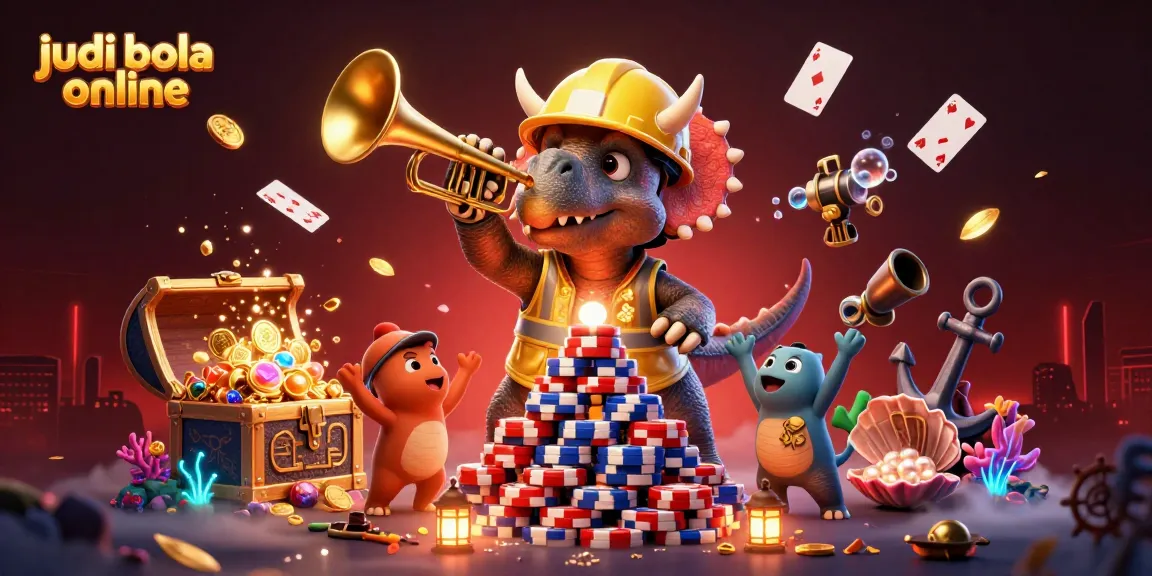 Engage in judi bola online with vibrant 3D illustration of celebratory casino scene featuring playful characters.