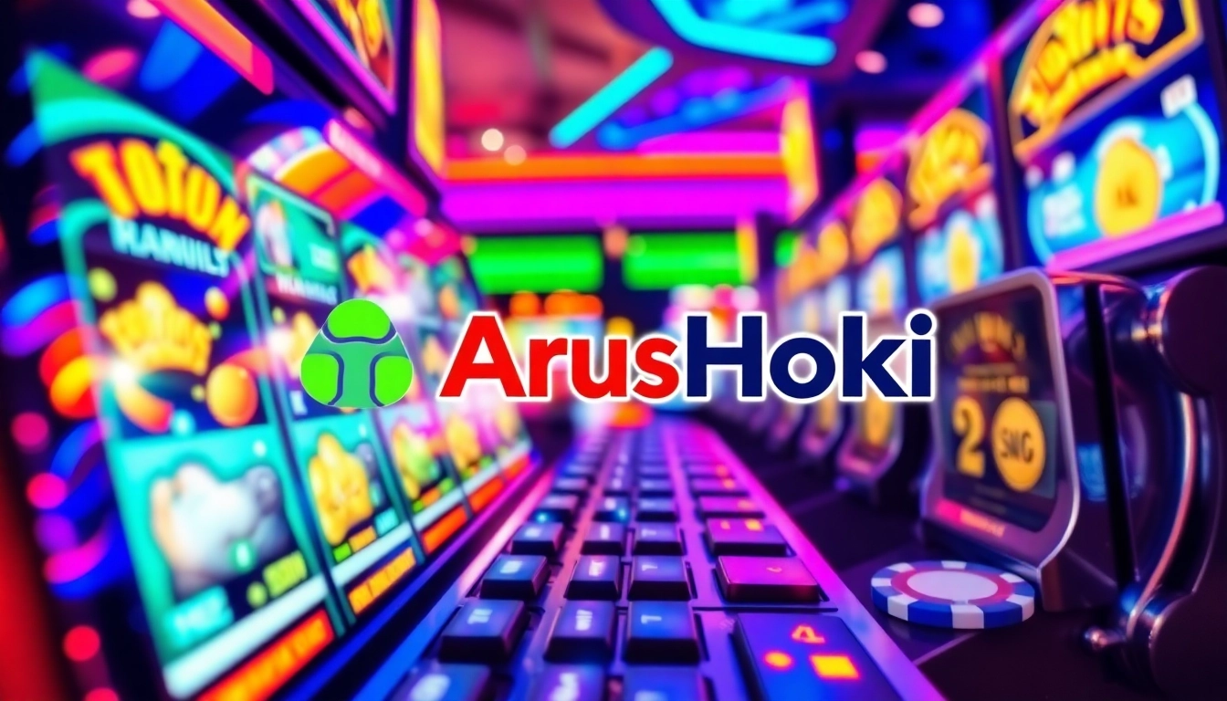 Main screen of ArusHoki slot game displaying vibrant graphics and casino environment.