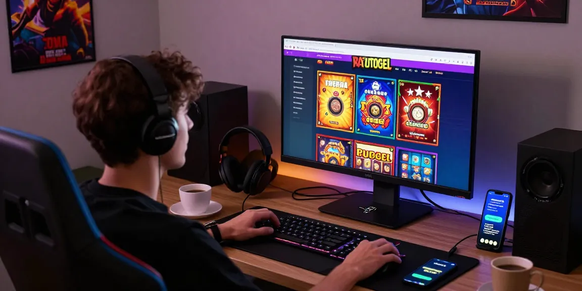 Pengguna Ratutogel login dalam suasana perjudian online yang energik, dikelilingi perangkat gaming.