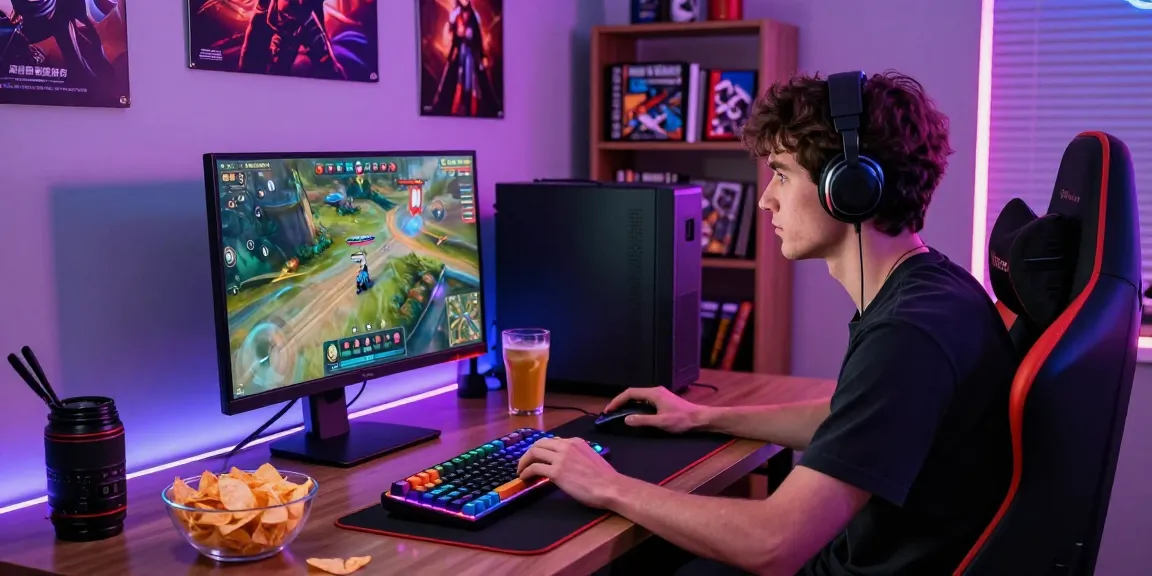 Pengguna bermain rajatogel daftar di meja gaming bergaya dengan iklan poster dan aksesori gaming.