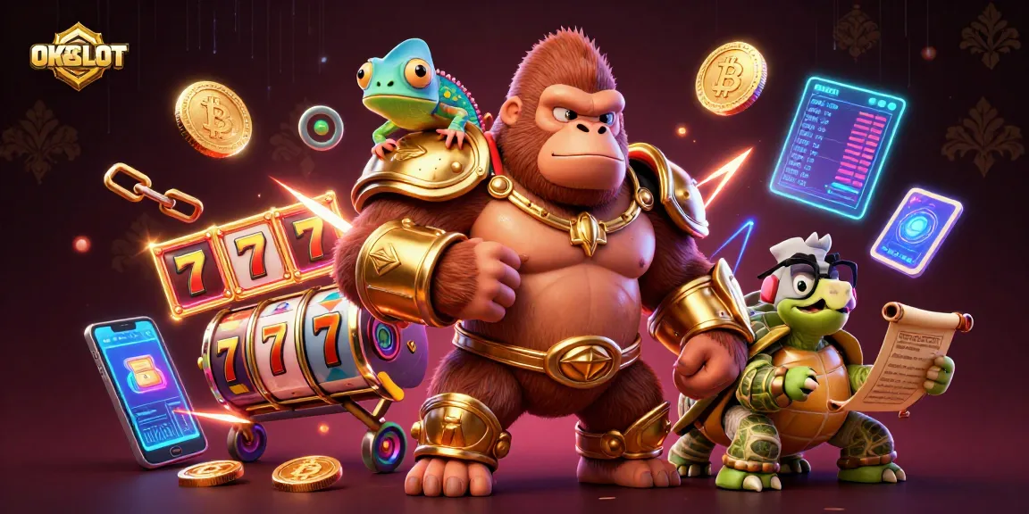 OKESLOT menampilkan gorila berarmor emas dan chameleon kompak di dunia slot menarik.
