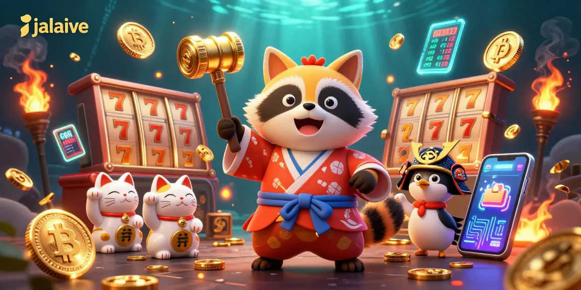 Engage with jalalive's exciting live casino atmosphere featuring a cheerful raccoon, colorful fortune cats, and glowing crypto elements.