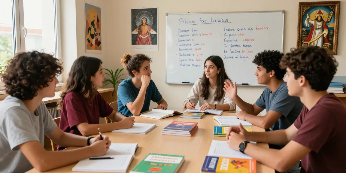 Students actively learning Italian, discussing toto togel stories and engaging in language exercises in a vibrant classroom.