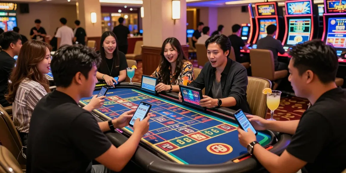 Exciting situs togel gaming scene in a lively casino with friends engaging in digital table games.