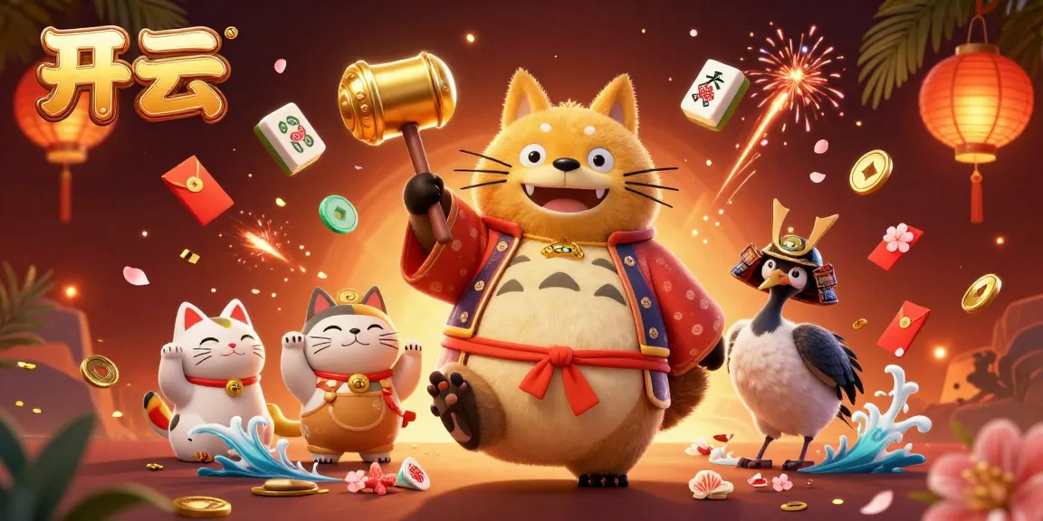 在开云平台上，幸运的狸猫与招财猫们共同庆祝，展现华丽的在线赌博场景。