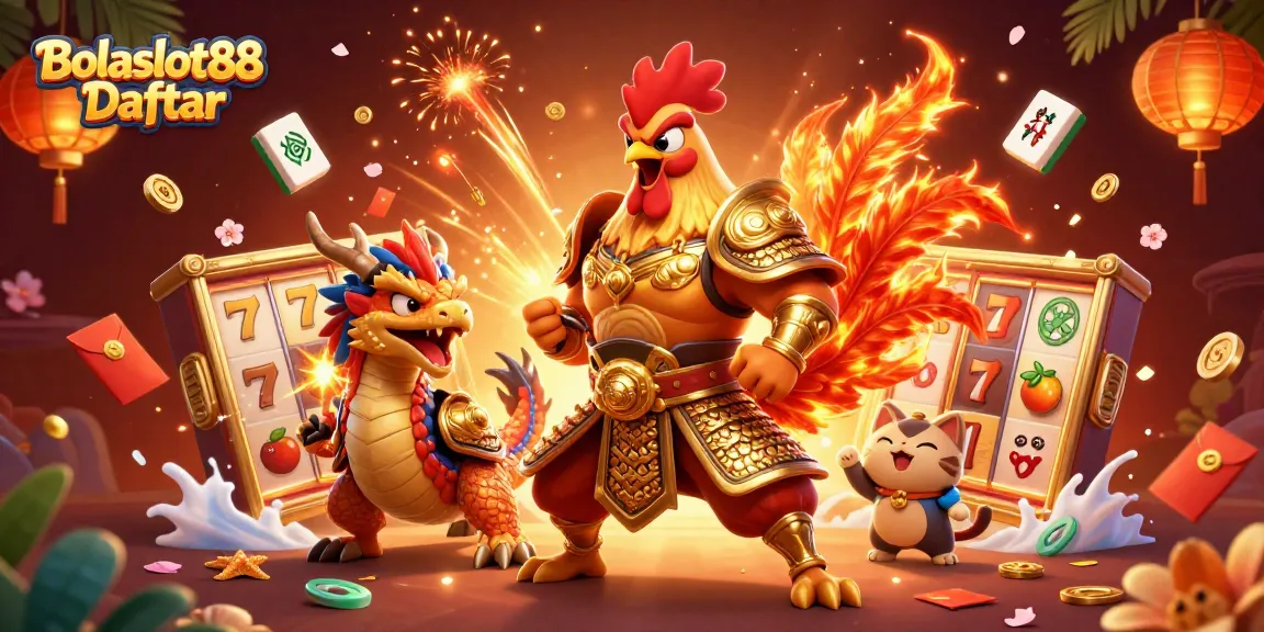 Bolaslot88 Daftar showcases a cartoon fighting rooster warrior and a dragon hatchling amid dynamic casino elements.