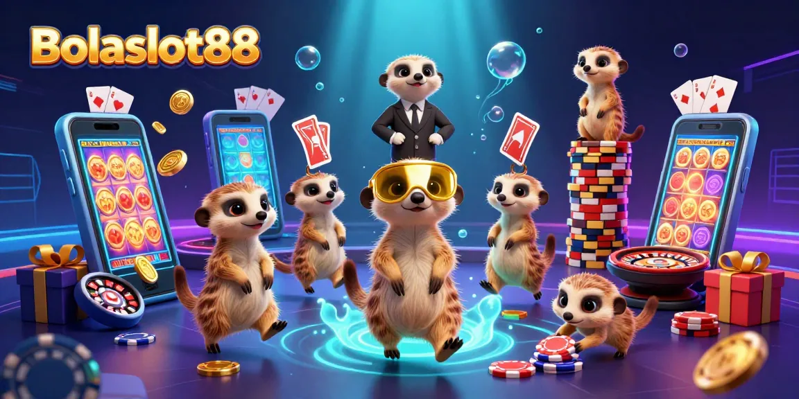 Bolaslot88 meerkats operating a vibrant casino with dynamic slots, roulette, chips, and glowing effects.