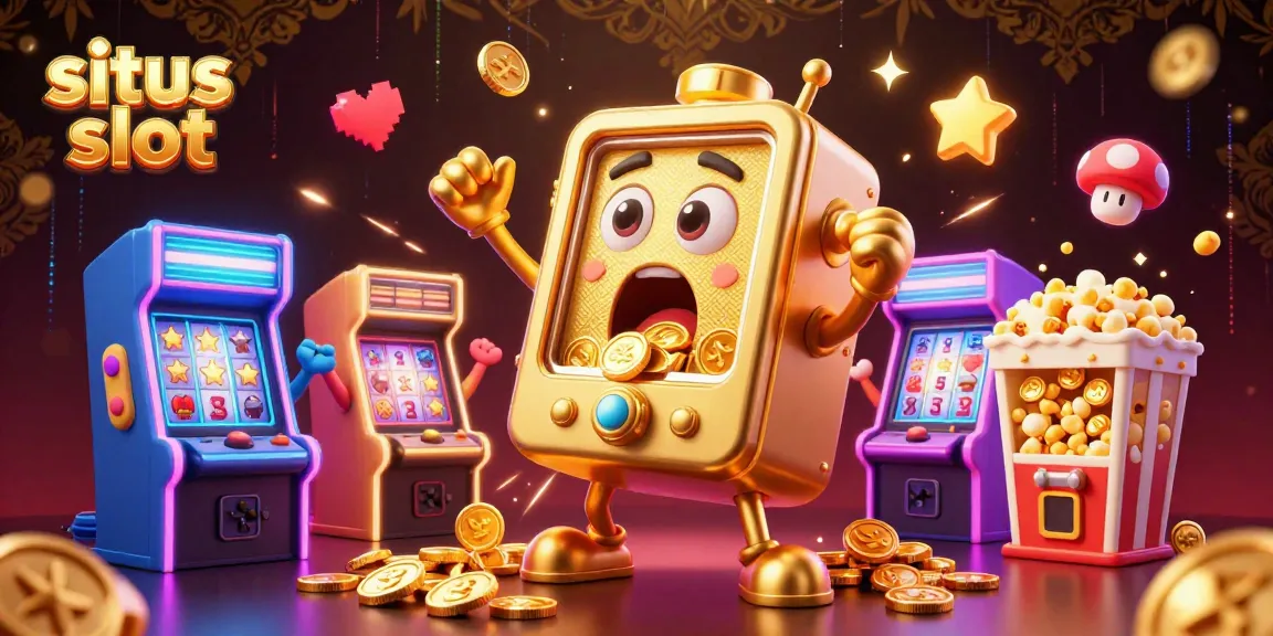 Experience the thrill as the situs slot jackpot hits with golden coins pouring from a cheerful slot machine.