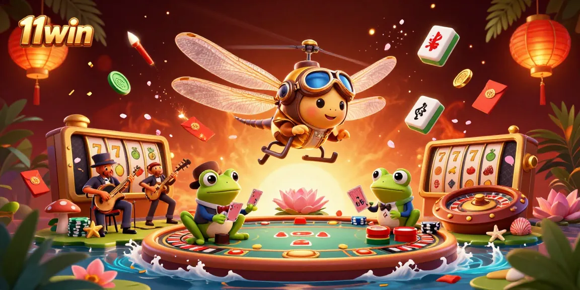Gameplay scene at 11win with a dragonfly pilot, frog croupier, and vibrant casino atmosphere