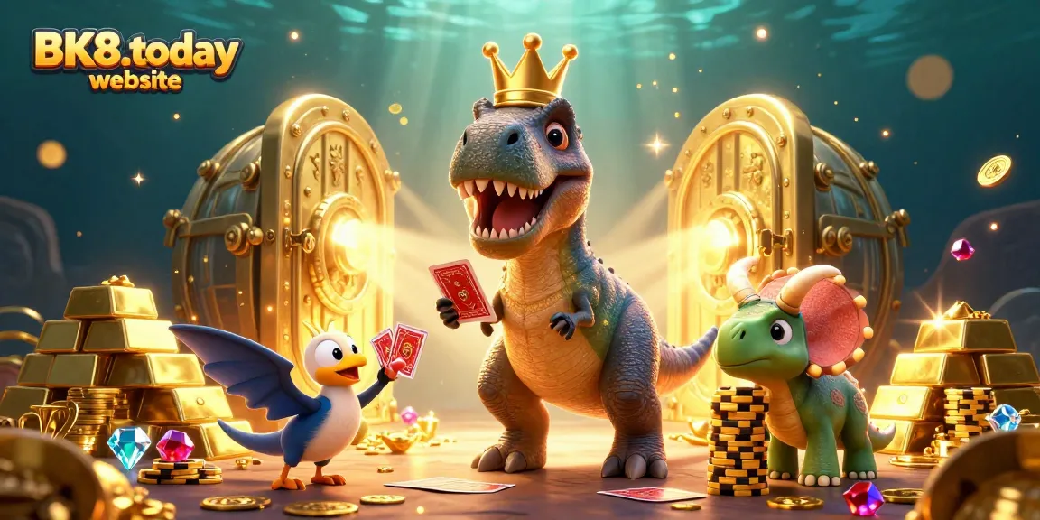 Experience thrilling gaming action at BK8.today website with a T-Rex shuffling cards in a vivid casino scene.