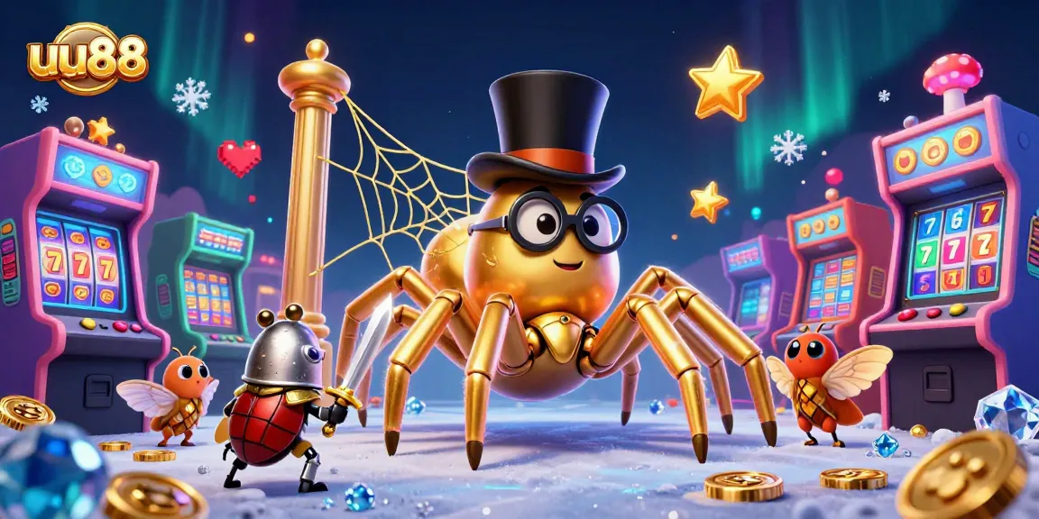 uu88's golden tarantula and beetle knight face a vibrant casino scene bursting with arcade action.