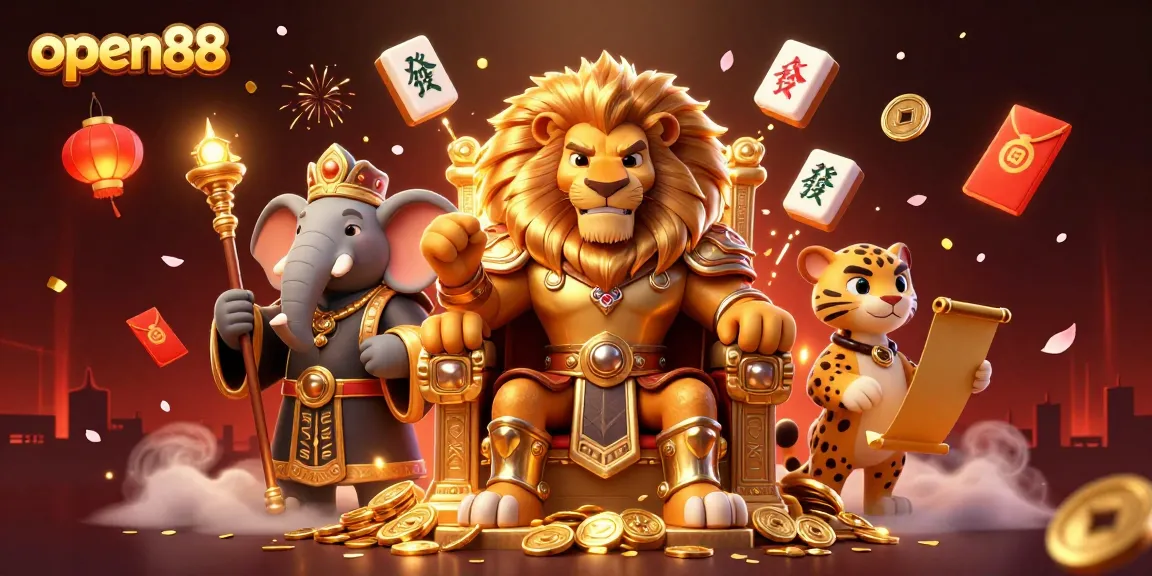 Engage with open88's thrilling gaming scene featuring a lion king, elephant advisor, and cheetah messenger.