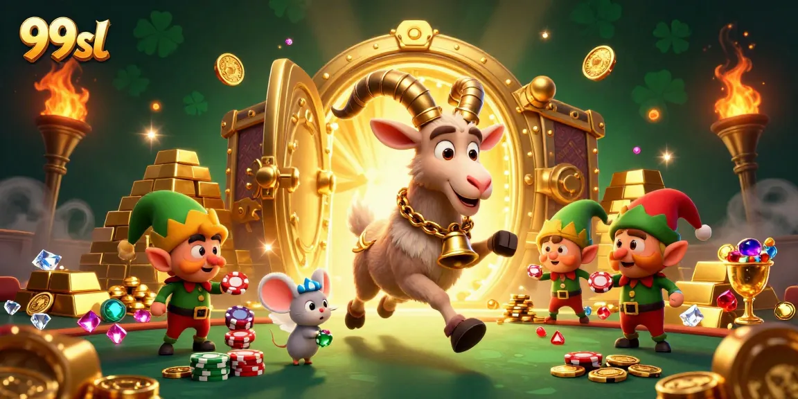 Experience the thrilling atmosphere of 99sl with festive characters amid a lively casino heist.