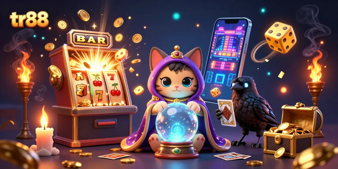 Engage with tr88 online slots, featuring a mystical cat, tarot raven, and vibrant casino elements.