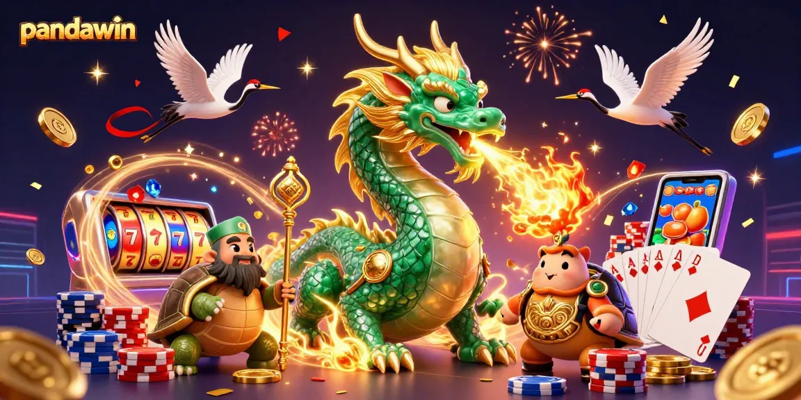Experience thrilling jackpots with pandawin featuring a jade dragon, turtle sage, and lucky cranes amidst cascading coins and slot reels.