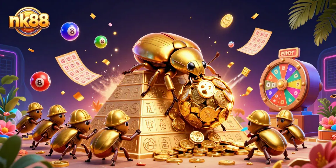 Engage with nk88 as the golden dung beetle rolls coins and lottery excitement fills the air.