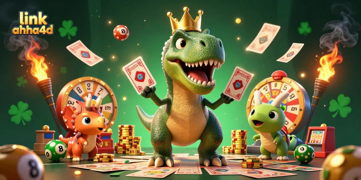 Menangkan hadiah besar dengan link ahha4d, ilustrasi T-Rex dan dino lainnya bermain togel.