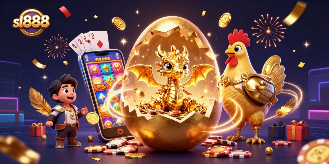 Experience thrilling games at SL888 with golden dragons, poker chips, and colorful slot games!