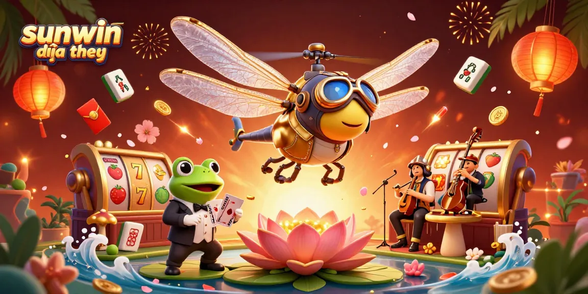 Experience the excitement of sunwin đổi thưởng with a lively casino scene featuring a dragonfly pilot and a frog croupier.