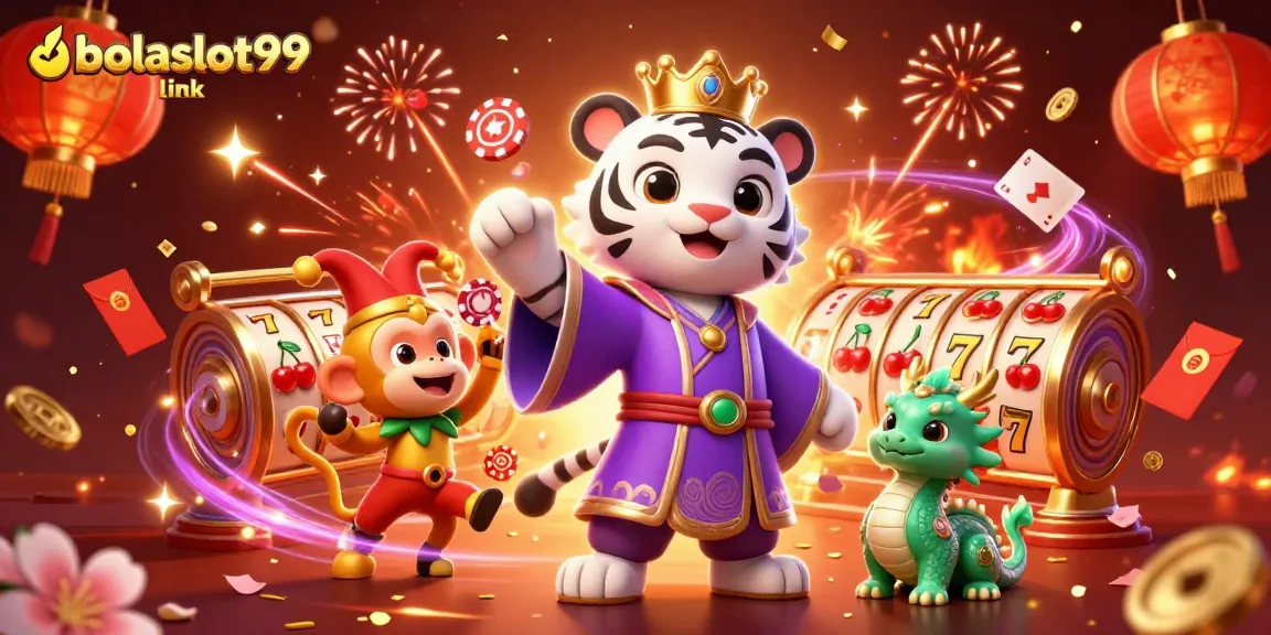 Join the fun with bolaslot99 link as a majestic white tiger, jester monkey, and jade dragon celebrate casino wins.