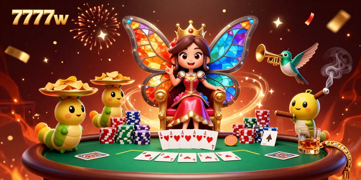 Experience thrilling gameplay with 7777w as the butterfly queen presides over a vibrant casino scene.