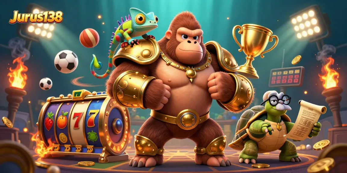 Experience excitement at Jurus138 with a powerful gorilla king in a vibrant casino scene.