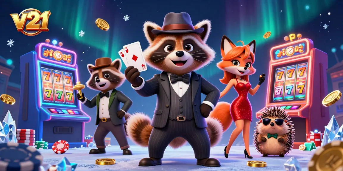 v21 menghadirkan suasana perjudian yang seru dengan karakter beraksi di mesin slot dan tumpukan chip poker.