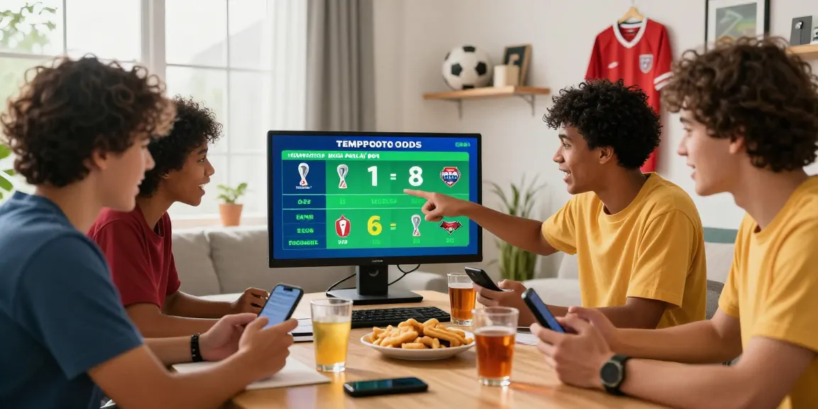 Friends checking tempototo daftar odds for 2026 World Cup Mix Parlay bets in a lively setting.