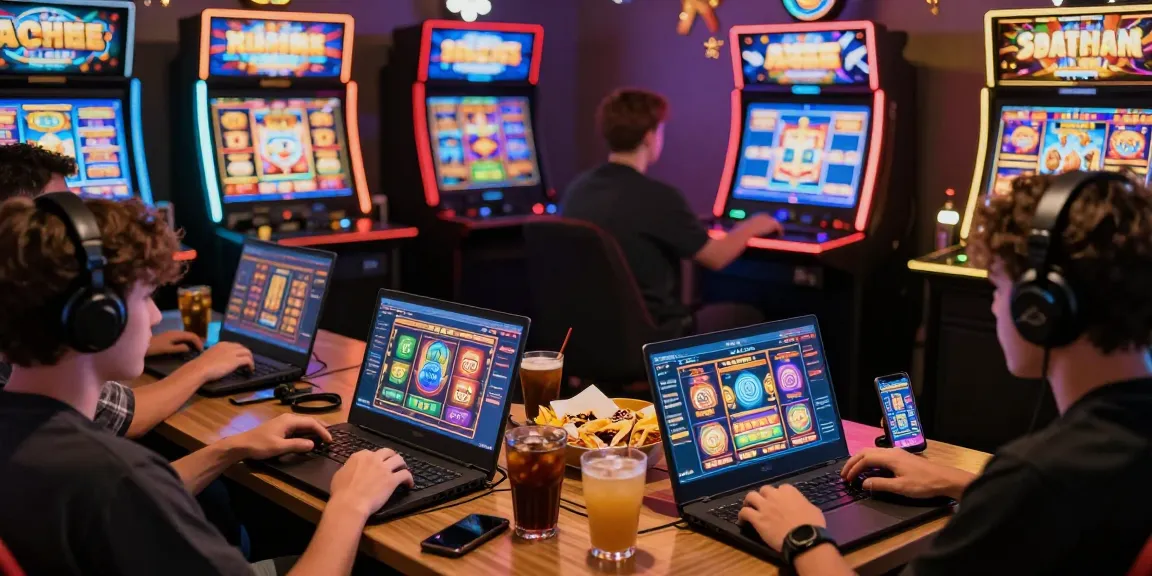 Thrilling gaming atmosphere with players enjoying toto slot games on multiple devices in a cozy environment.
